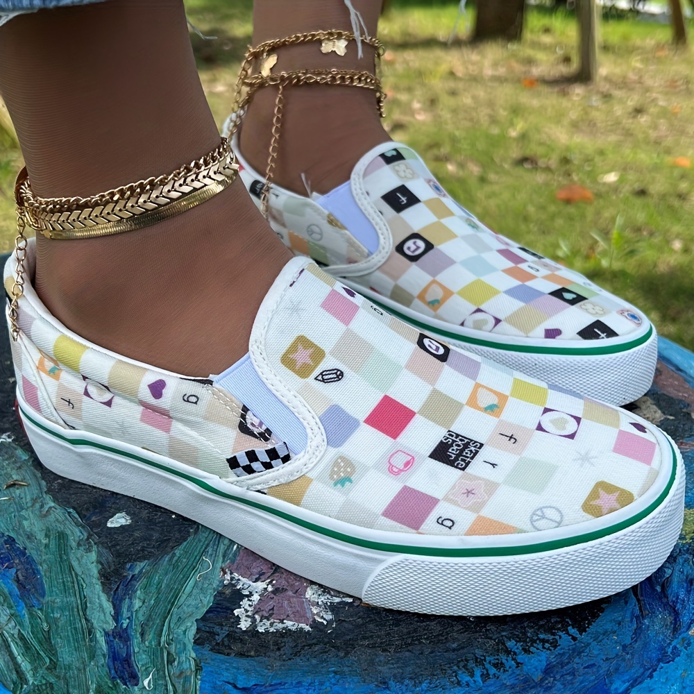 Women's Colorful Checkered Canvas Shoes, Trendy Low Top Slip On