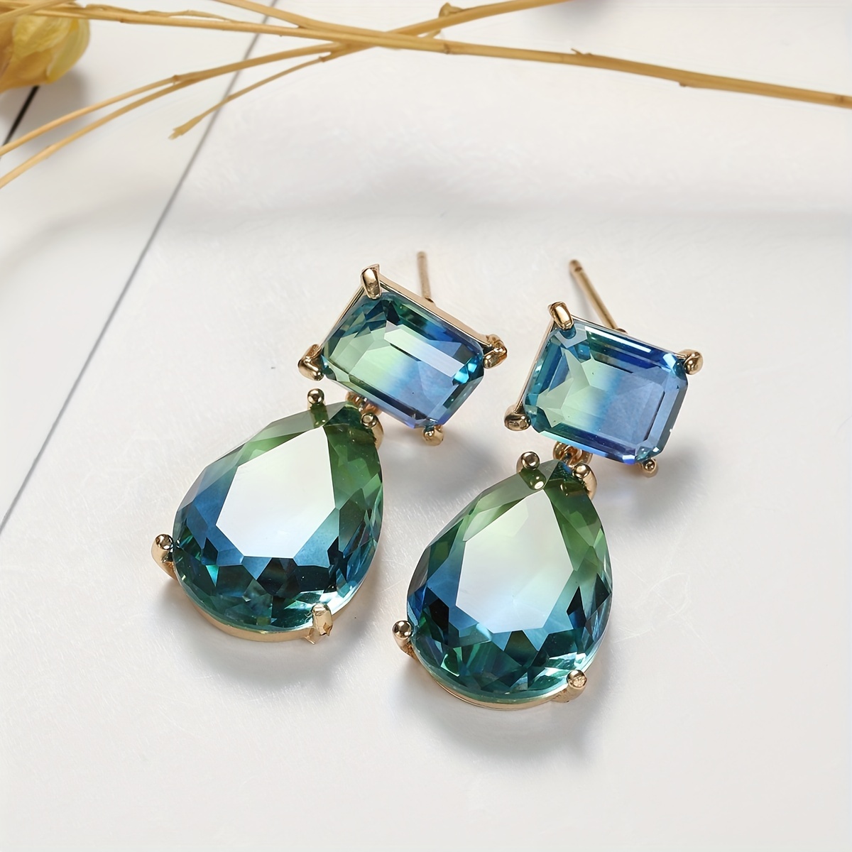 Green Rhinestone Water Drop Earrings