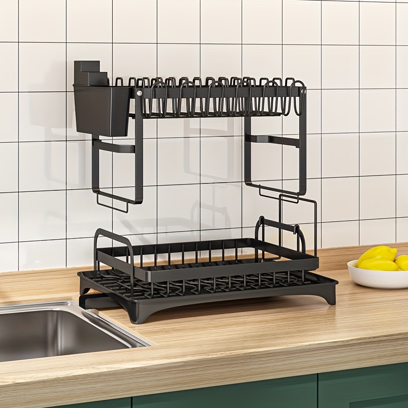 1pc Space-Saving 2 Tier Dish Drying Rack with Drainboard and Cutlery Holder  - Perfect for Kitchen Counter, Cabinet, and Bathroom - Black and White Des