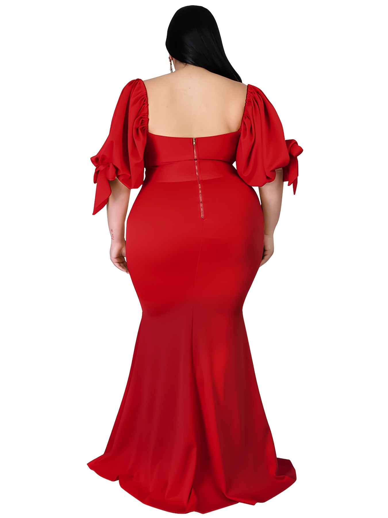 Plus Size Deep V Neck Puff Sleeve High Split Bodycon Dress - Temu