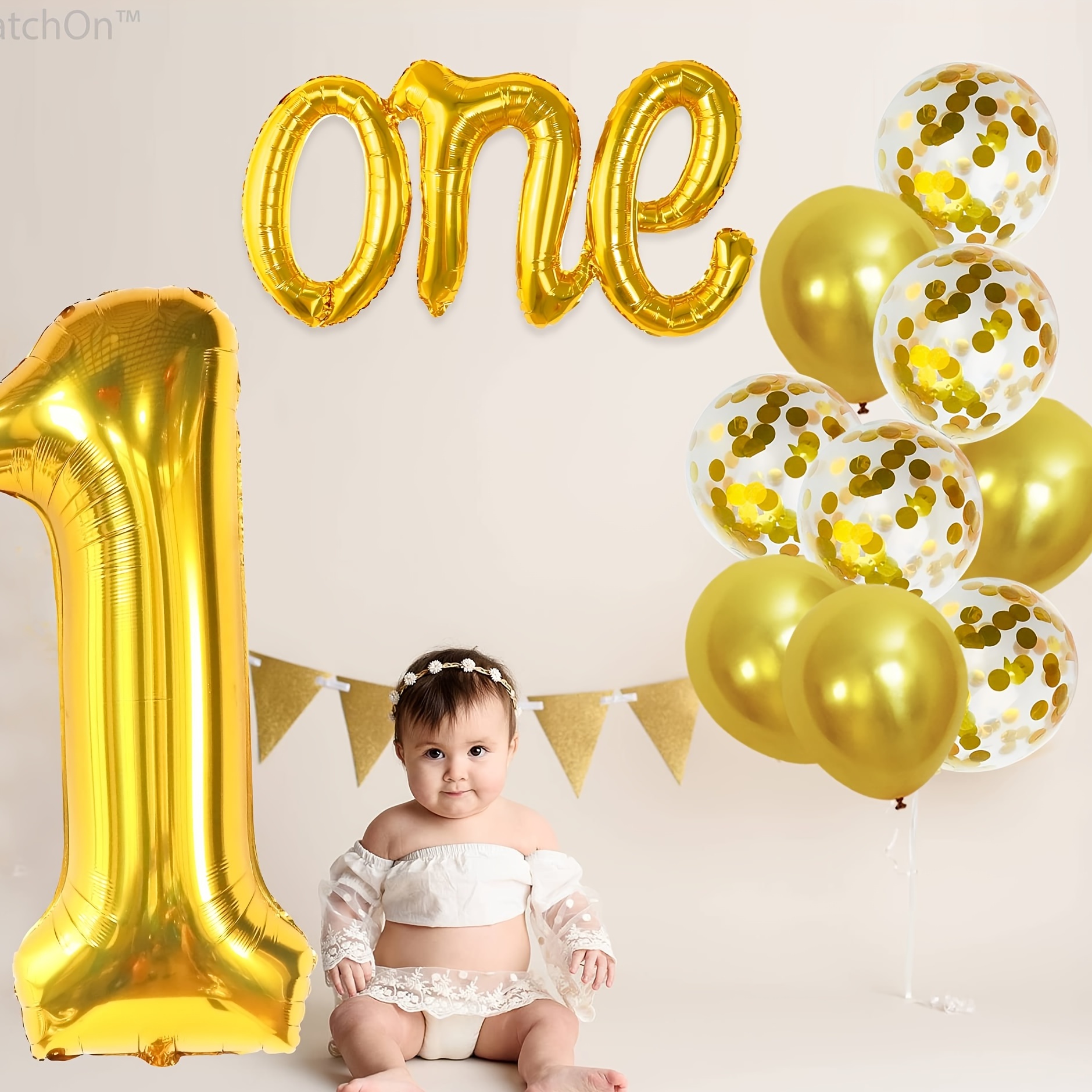 Globos de primer cumpleaños para decoraciones de primer cumpleaños: globo  dorado del número 1 y globo de corona, globos de confeti dorado,  suministros