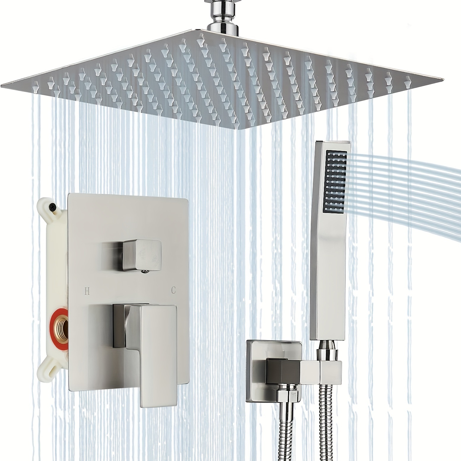 Kit de ducha modelo cuadrado con salida de agua, teleducha y repisa Tecom  Shelf DKITDSHS
