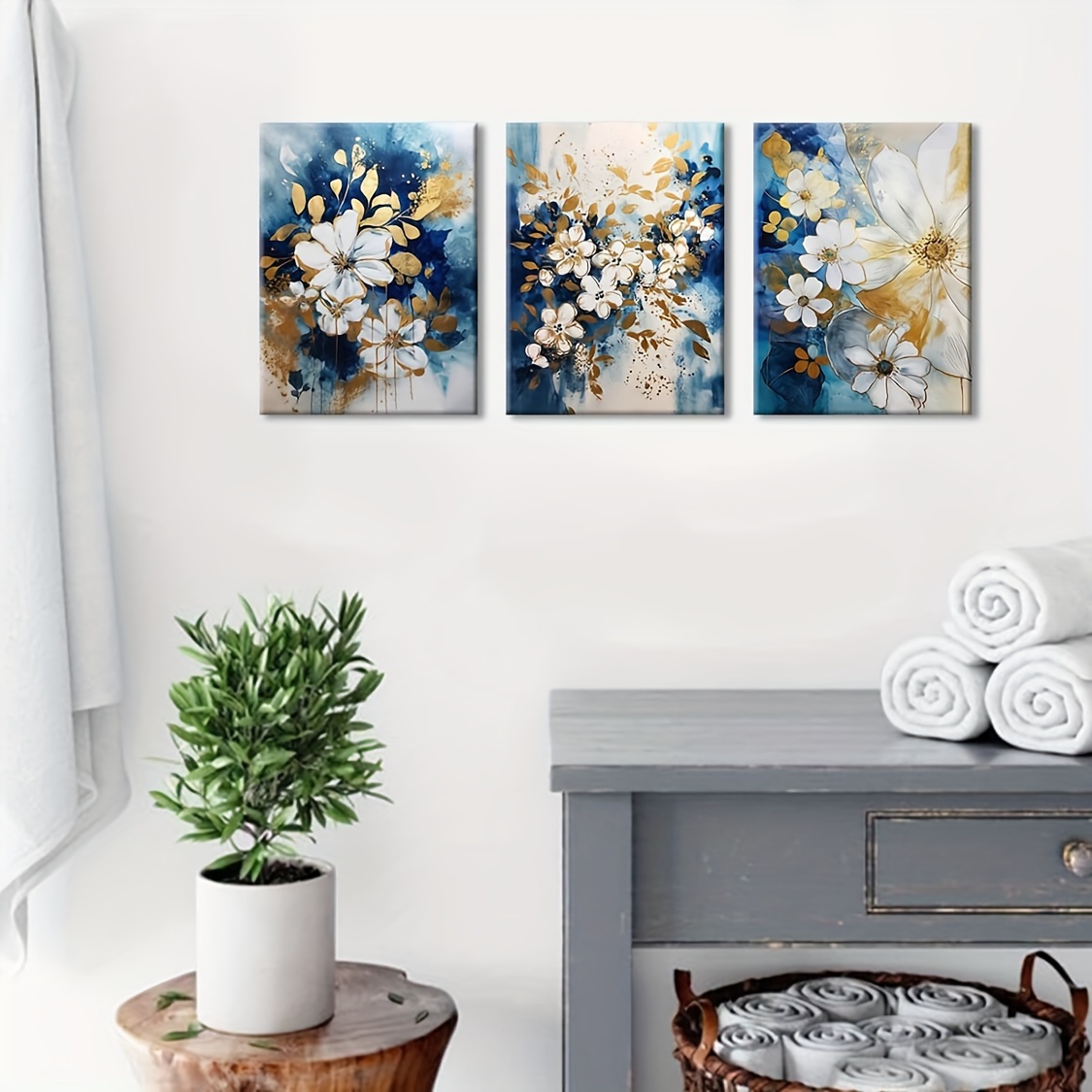  Cuadro decorativo de flores para pared, arte abstracto blanco y  gris, floral floreciente con dorado para dormitorio, sala de estar,  paredes, lienzo enmarcado 30 x 30 pulgadas : Hogar y Cocina