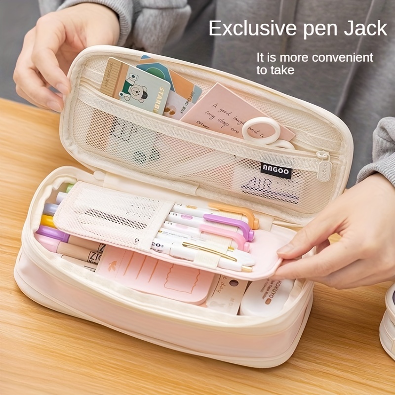 Cute Pencil Case Kawaii Pencil Case 3 Layers Large Capacity Simple Foldable  Pencil Pouch Marker Case Holder Pen Bag (Beige)