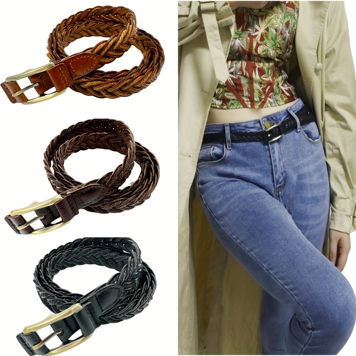 Vintage Thread Buckle Belt Solid Color Simple Casual Jeans - Temu