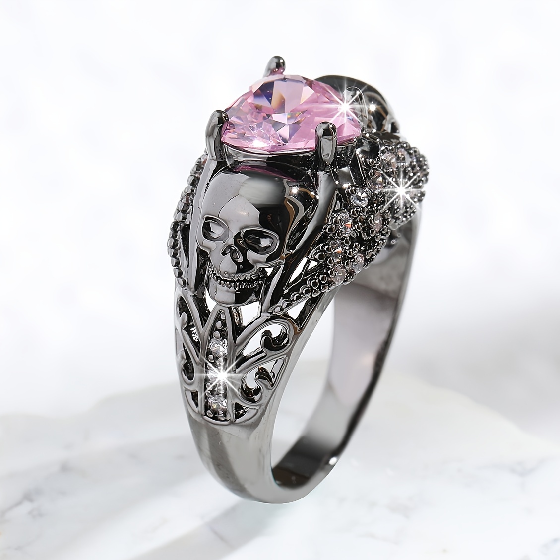 Diseño Calavera Corazón Rosa Circón Anillo Negro Decoración - Temu