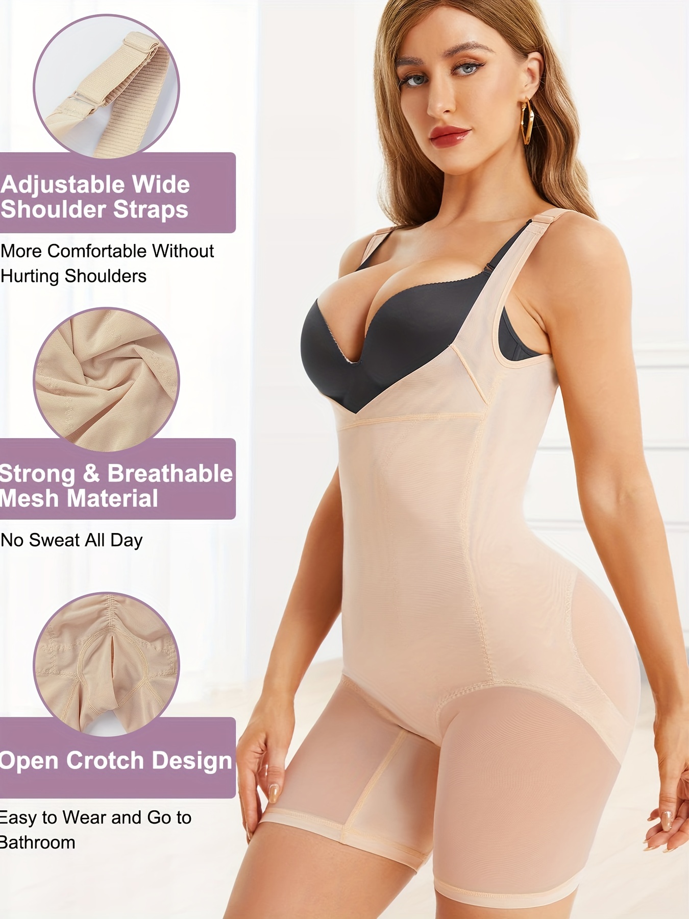 Body Moldeador con Costuras de Malla, Levanta Glúteos Transpirable,  Moldeador de Cuerpo con Cuello en V, Ropa Interior y Fajas para Mujer