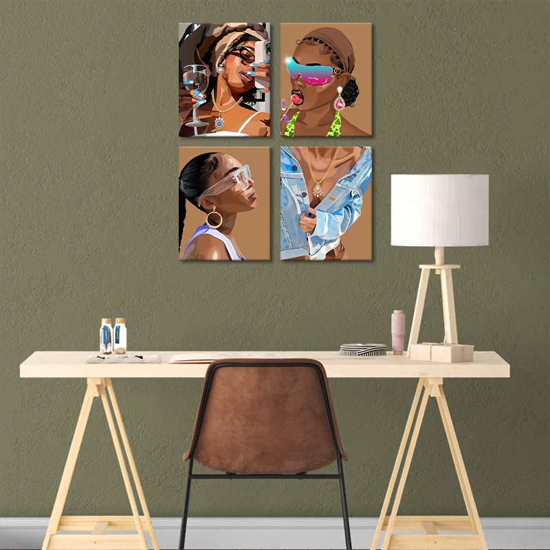 4pcs, Boho Black Women Wall Art Fashion Modern Women Champagne Salon Art  Poster African American Black Girl Canvas Wall Art Prints For Girls Room  Bedr