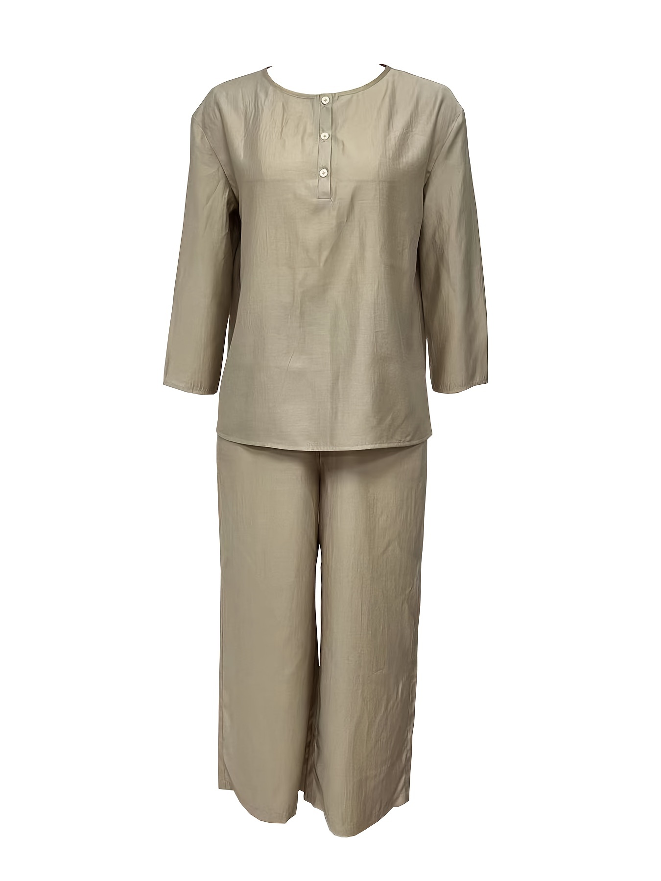 Solid Casual Two piece Set Crew Neck Button Front Tops & Wide Leg Cropped Pants
