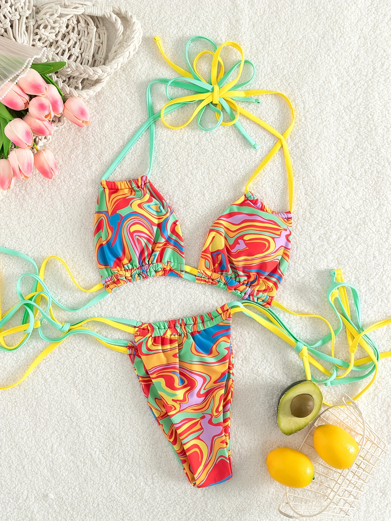 Yellow Pineapple Bikini Set Tropical Fruit Print Bikini Swimsuit Swim  Graphic Swimwear Stylish Bathing Suit String Beach Wear