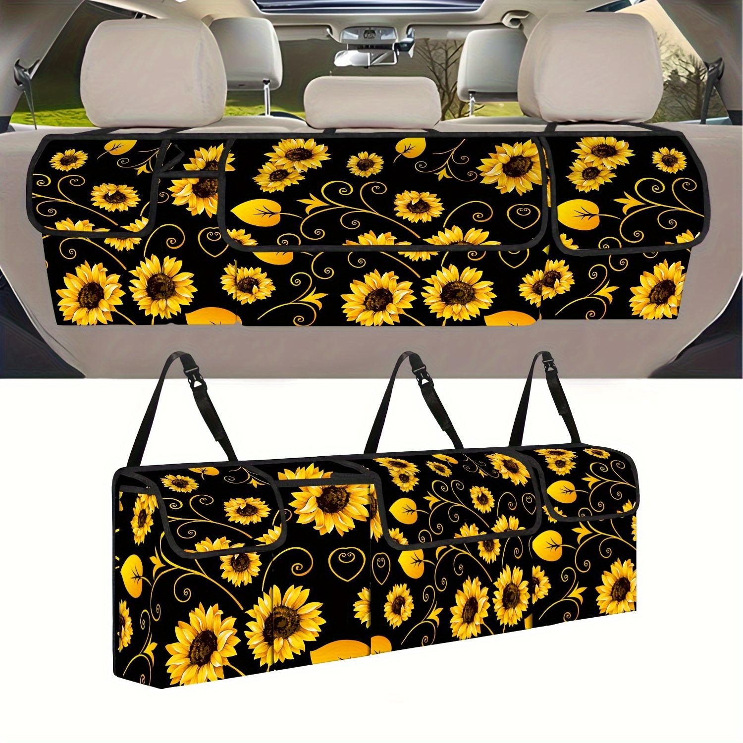 

1pc Sunflower Golden Leaf Printed Car Rear Seat Trunk Hanging Storage Bag, Foldable Storage Bag With 3 Large Pockets And 3 Adjustable Shoulder Straps