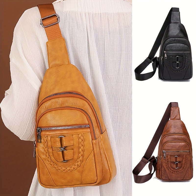 Geometric Strap Sling Bag, Vintage Pu Leather Chest Bag, Lock Decor  Crossbody Bag For Outdoor Travel - Temu