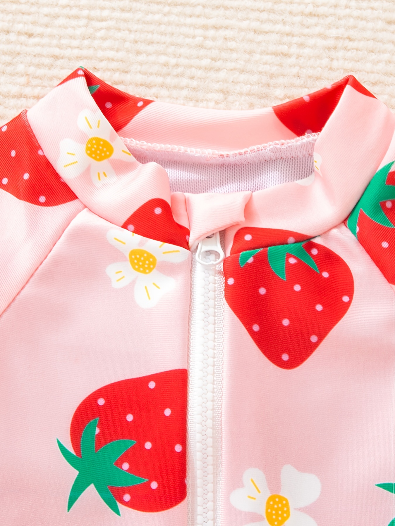 Girls Cute Strawberry Print Zip Long Sleeve Swimsuit Hat - Temu Canada