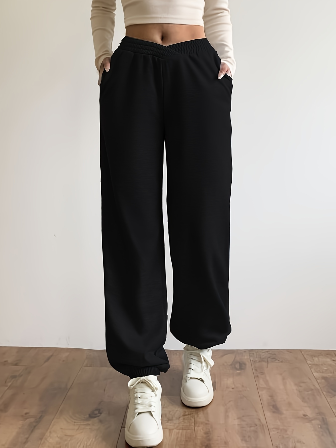 Womens Casual Pants Elastic Waist Solid Sweatpants Grey XL 