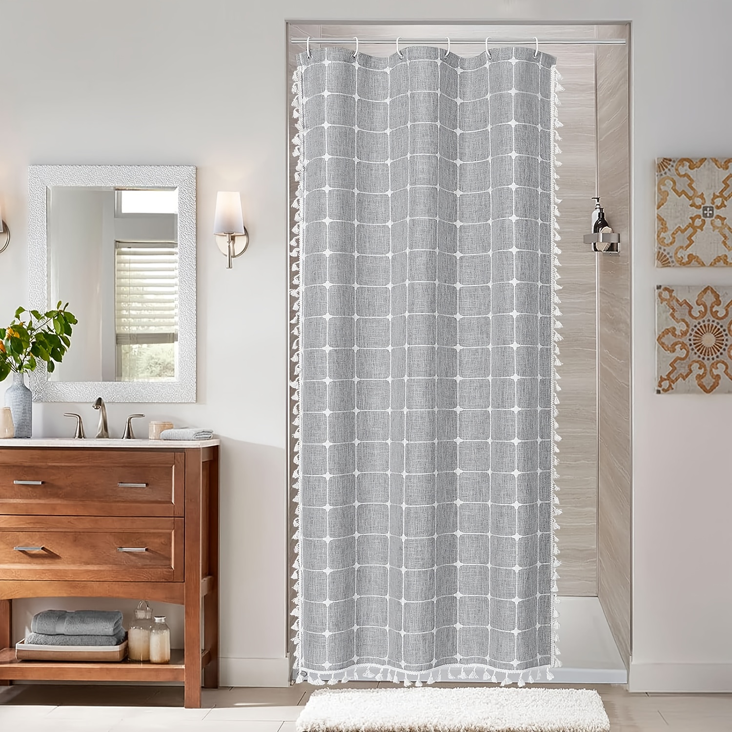 Cortinas de ducha modernas de estilo rural con diseño de hojas en colores  marfil, lino y blanco. Cortina de ducha de encaje para baño para una  decoración elegante de ducha 