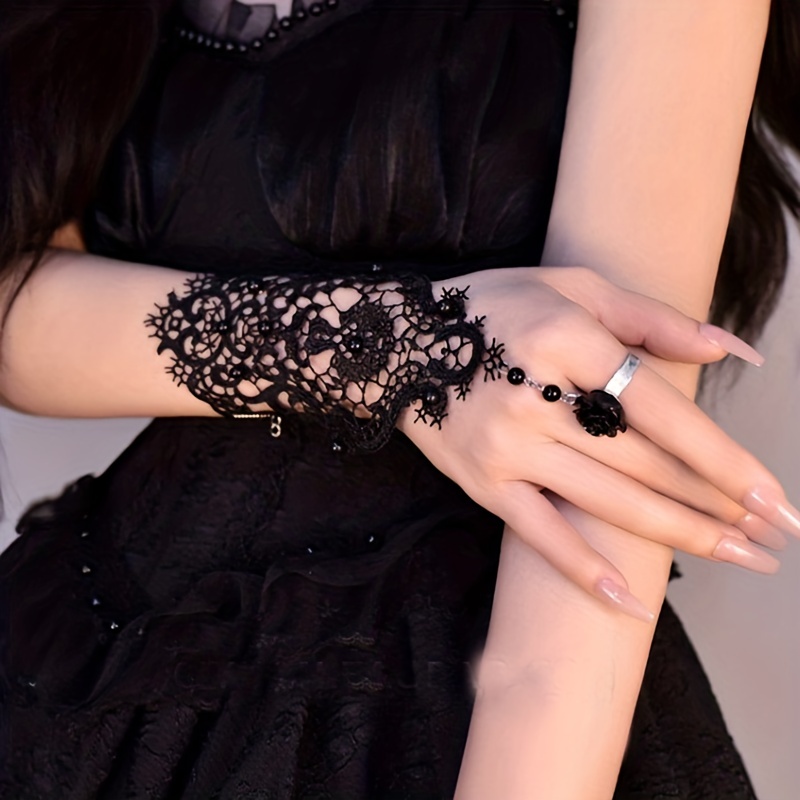 Black Snap Lace Gloves Simple Hollow Half Finger Elastic - Temu