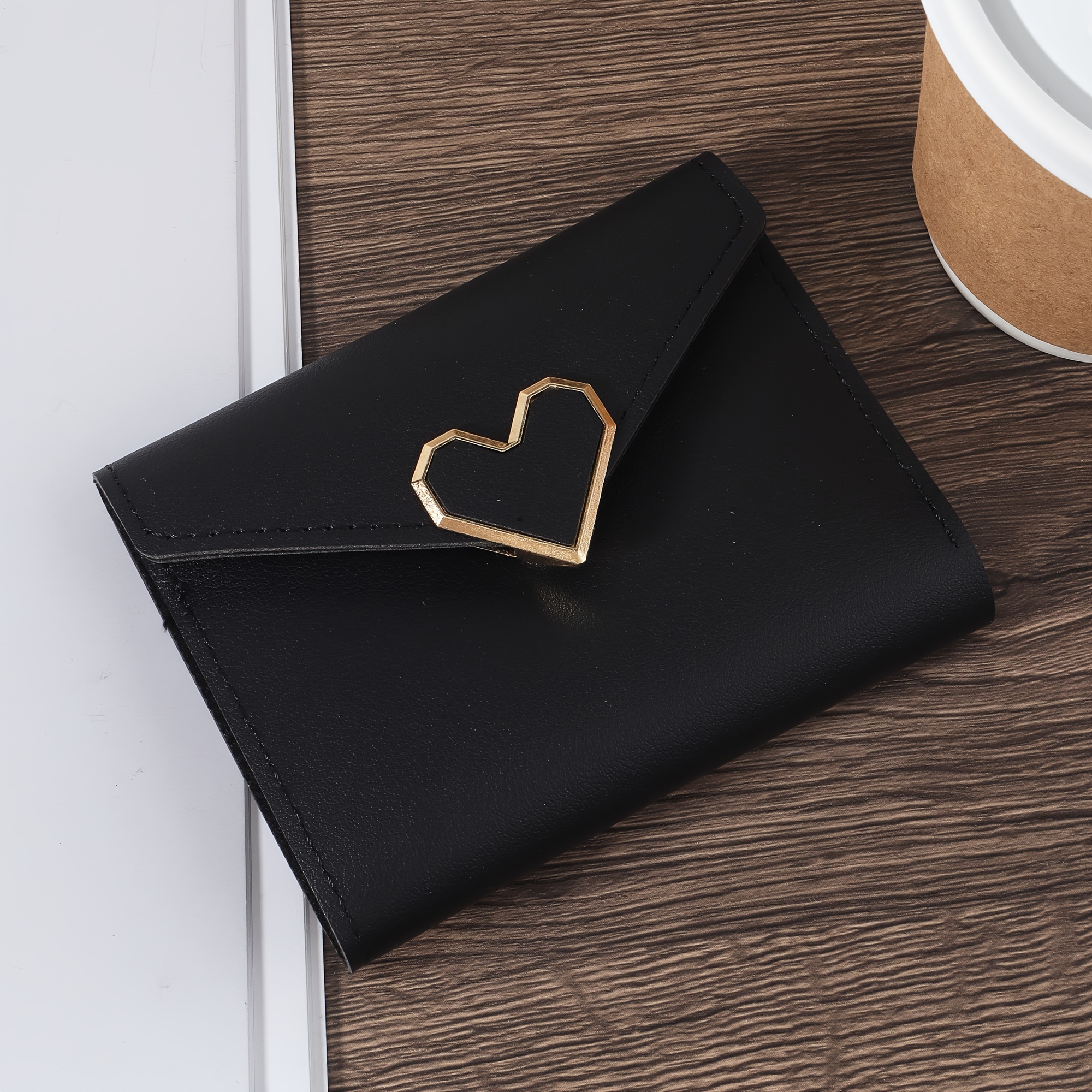Image of Metal Heart Decorated Small Wallet Coin Pocket Small Wallet Triple Fold Women's Wallet Mini, Women's Fashion Artificial Leather Wallet Multiple Card Slots And Id Window