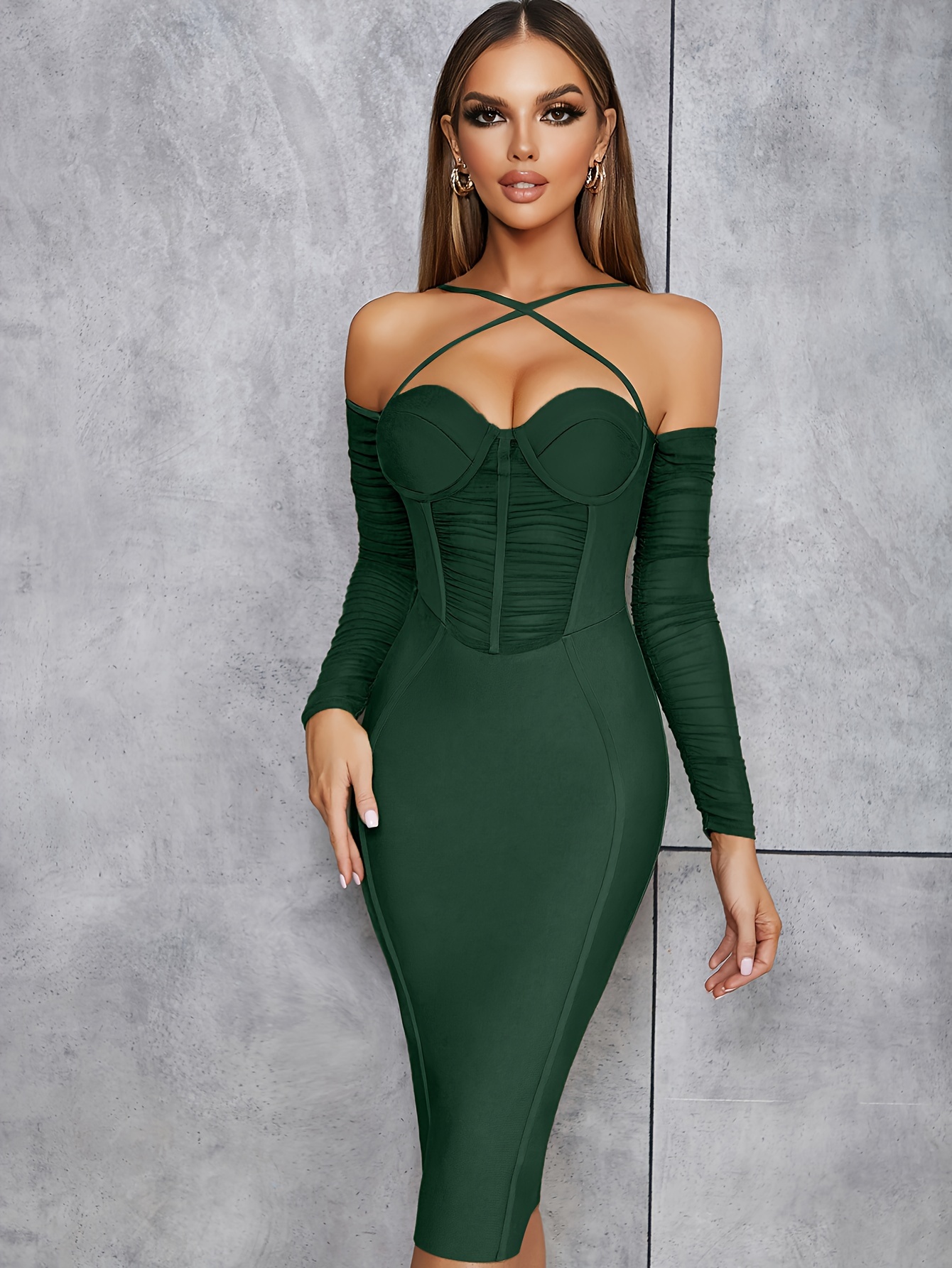 Off Shoulder Ruched Dress, Long Sleeve Bodycon Stretchy Dress For Party,  Women's Clothing