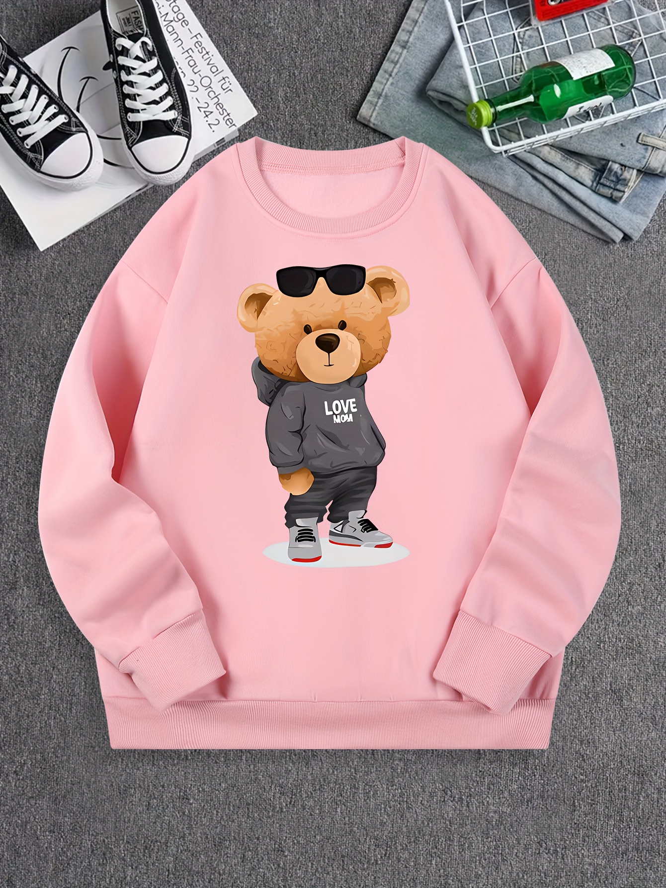 Bear Print Teddy Pullover Sweatshirt, Casual Long Sleeve Crew Neck Plush  Sweatshirt, Women's Clothing