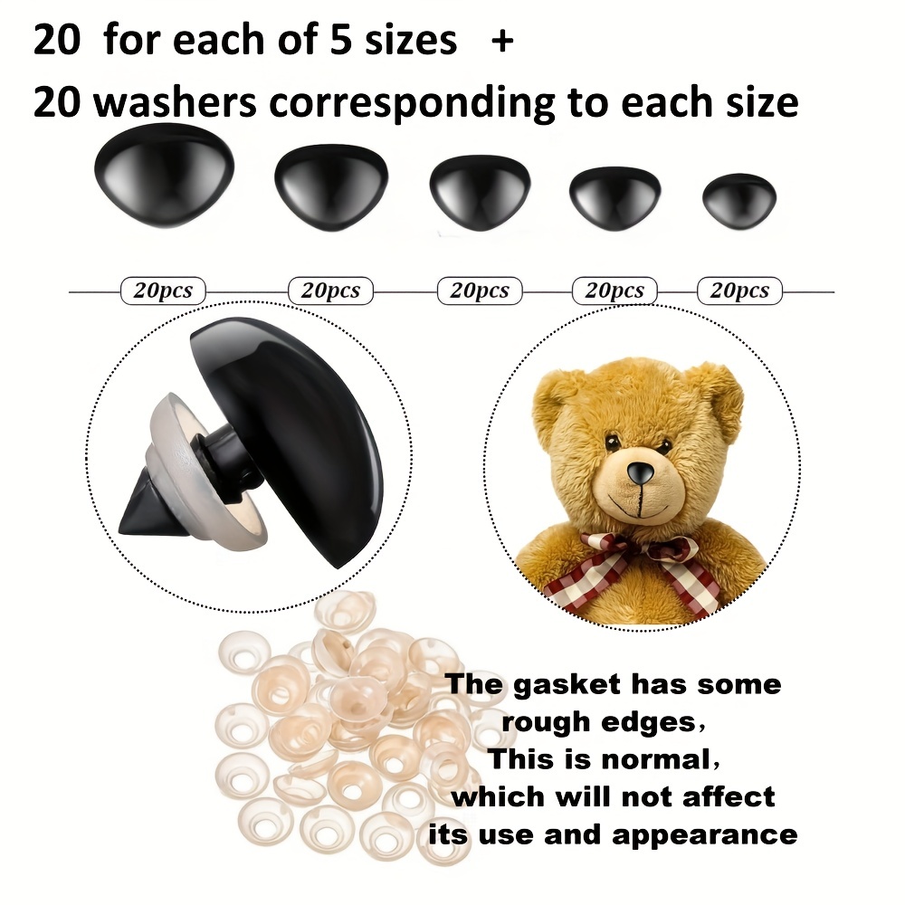 Lot de 100 yeux de sécurité noirs en plastique et rondelles pour poupée,  animal en peluche, artisanat (5 tailles)