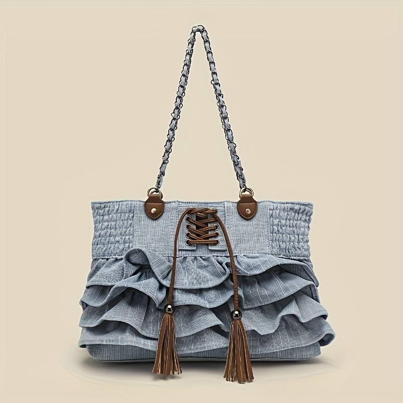 PLEATED DENIM CROSSBODY BAG - Denim Blue