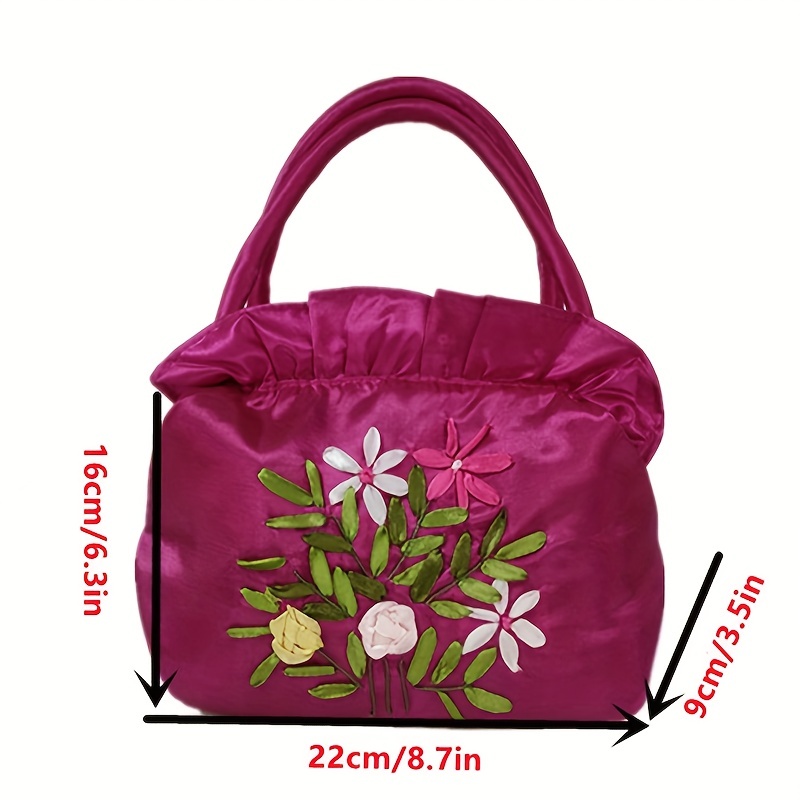 Purple maroon silk evening bag, embroidered pink floral clutch bag