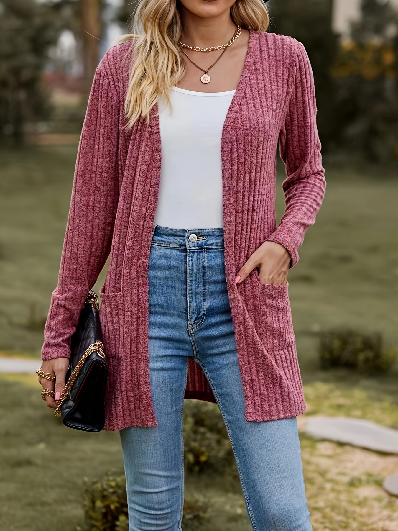 Solid Open Front Knit Cardigan Elegant Long Sleeve Dipped - Temu