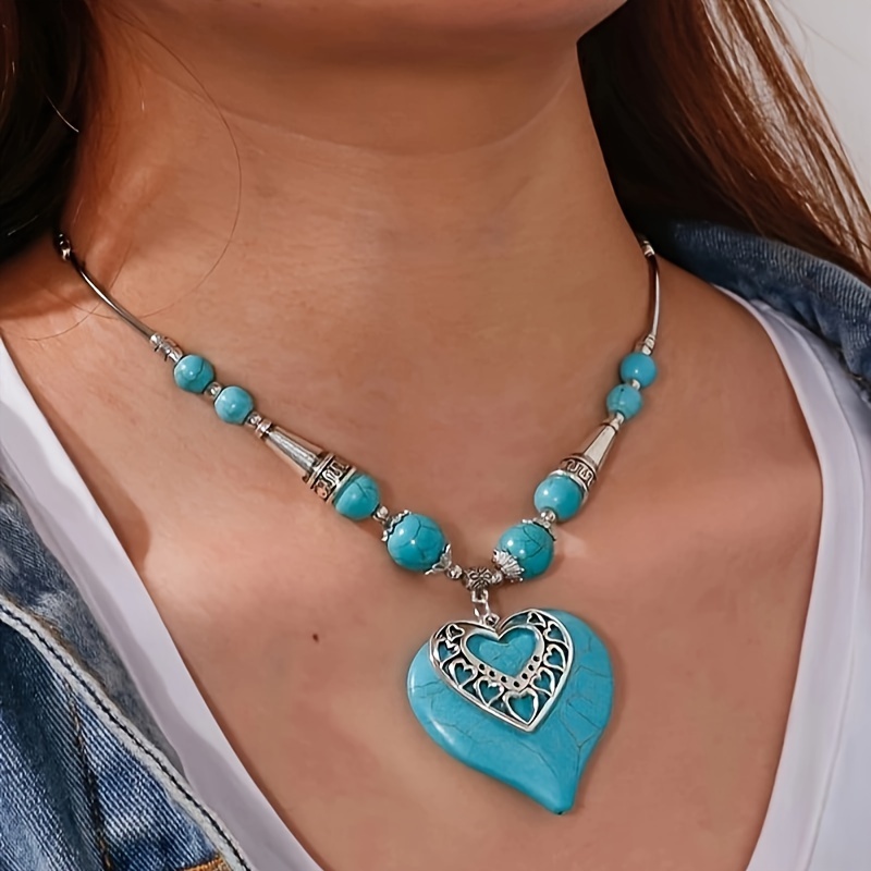 

Bohemian Ethnic Style Turquoise Heart Pendant With Multiple Elements Hollow Heart-shaped Necklace
