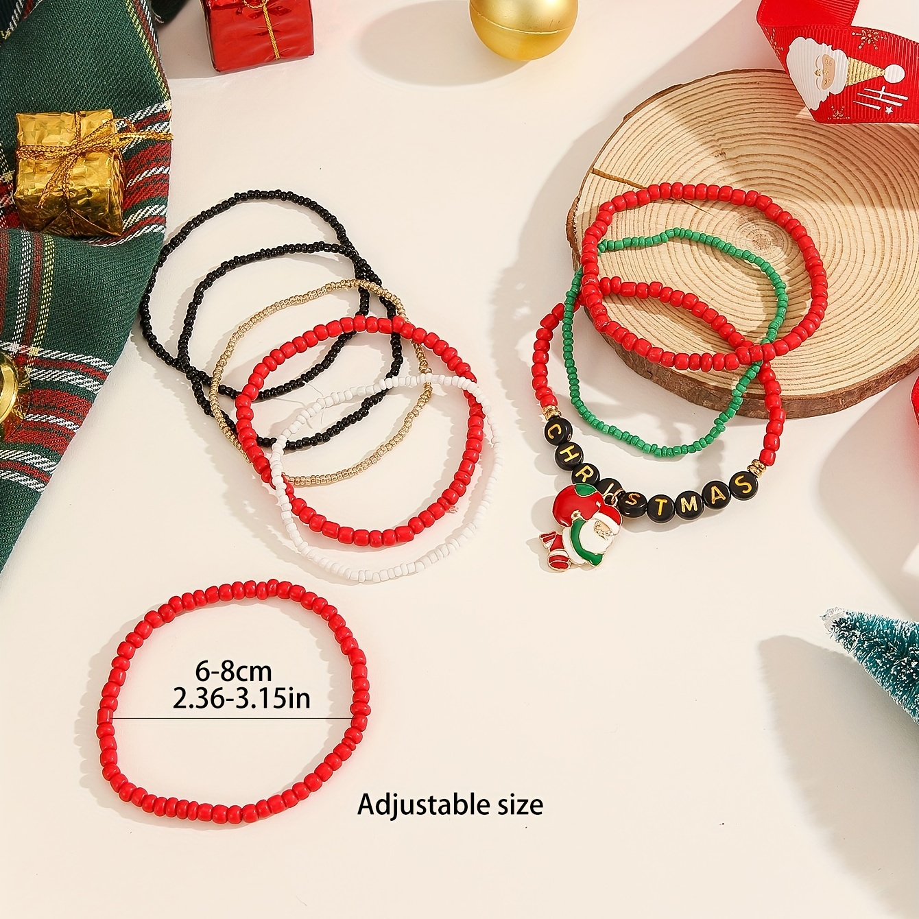 Santa Claus Pendant Beaded Bracelet Set Red Green Soft Clay - Temu