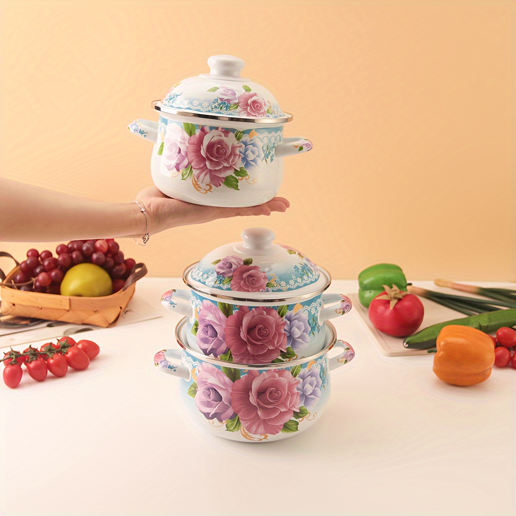 3pcs/set 12-14-16cm Enamel Pot With Glass Cover, Mini Pot, Full Flower  Multi-purpose Soup Pot