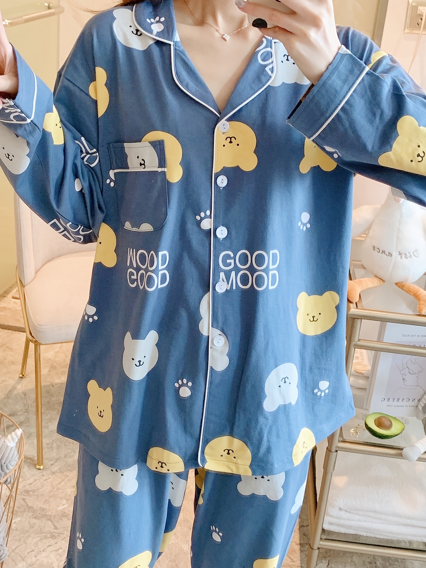 Pijamas de algodón para parejas, ropa de dormir suave, conjuntos de Pijama  con bonito patrón de oso, conj…