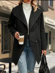 solid lapel zipper jacket, solid lapel zipper jacket versatile long sleeve asymmetrical outwear for fall winter womens clothing details 1