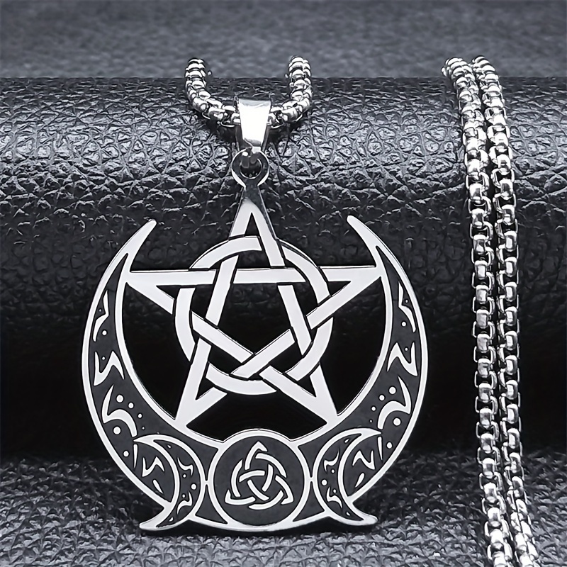 TEMU Witch Pentagram Goddess Necklace For Women And Men, 304 Stainless Steel Crescent Pendant Jewelry N9609s2, For Halloween