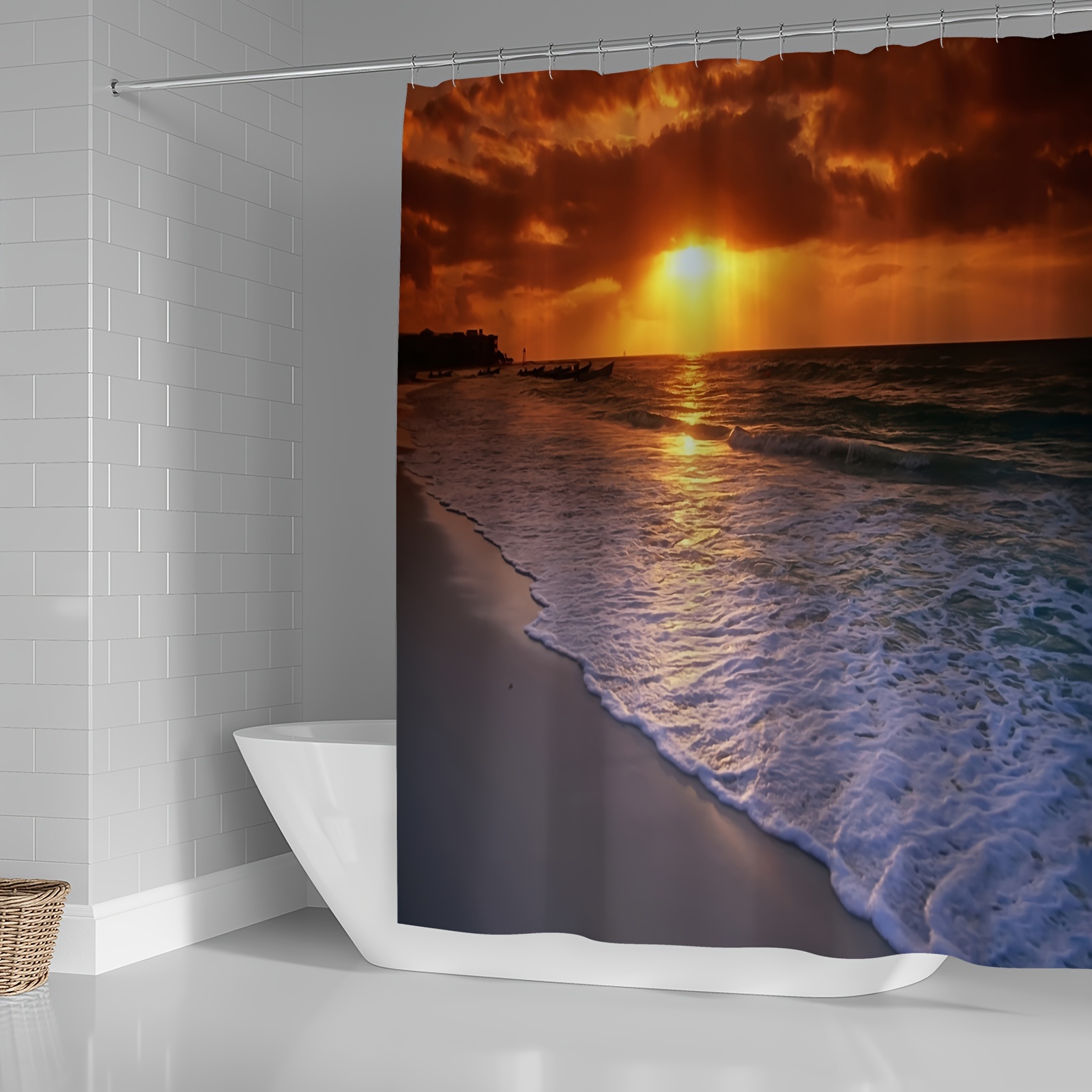 1pc Ocean Beach Themed Shower Curtain With Toilet Mat And 4pcs