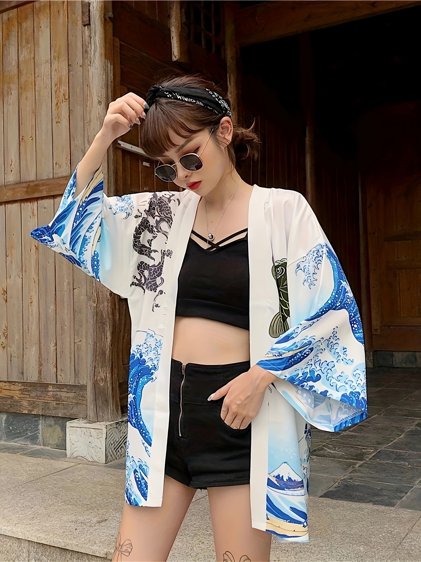 Wave Carp Print Japanese Kimono Casual Open Front Kimono - Temu Australia