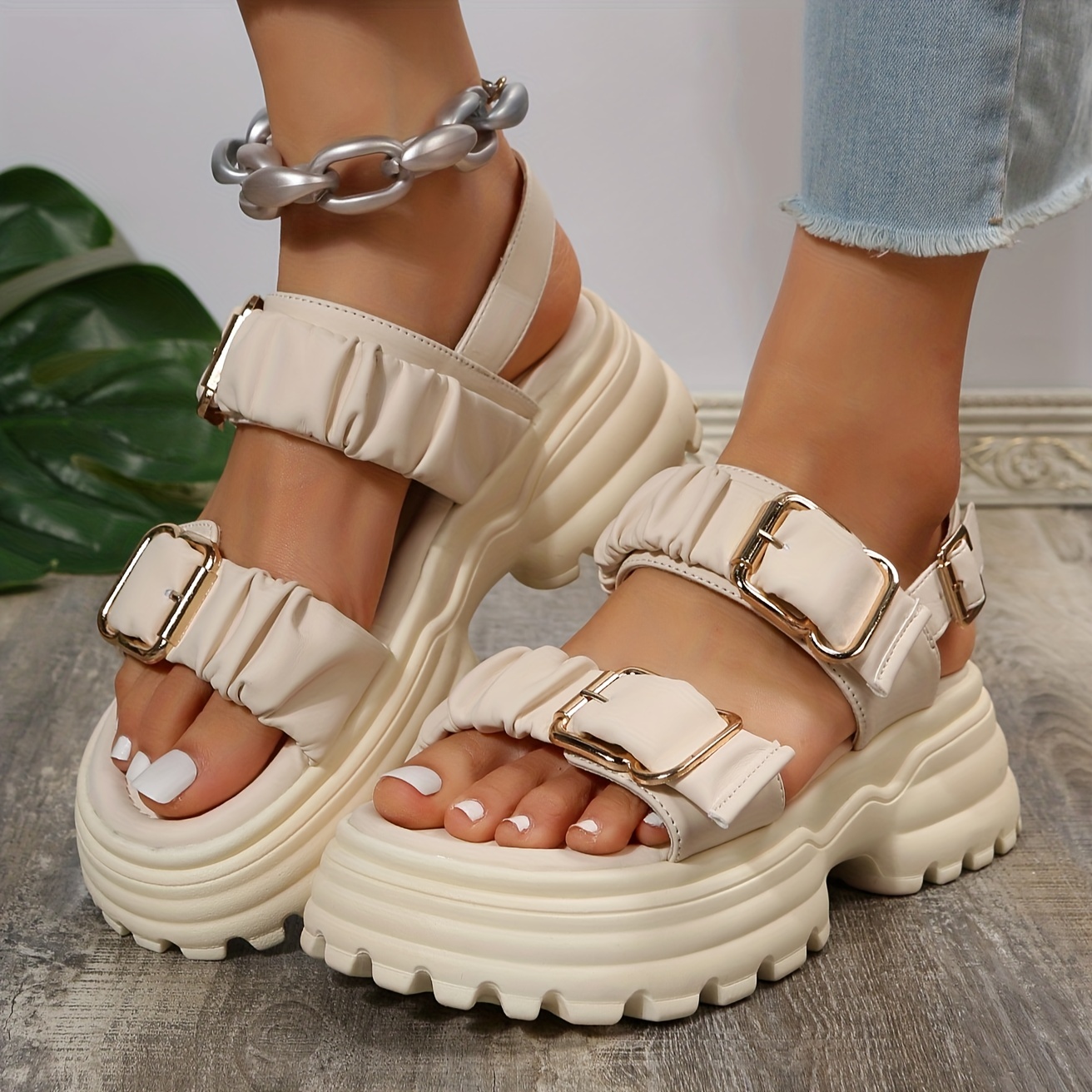

Women's Pleated Design Platform Sandals, Casual Buckle Strap Summer Shoes, Comfortable Chunky Heel Sandals