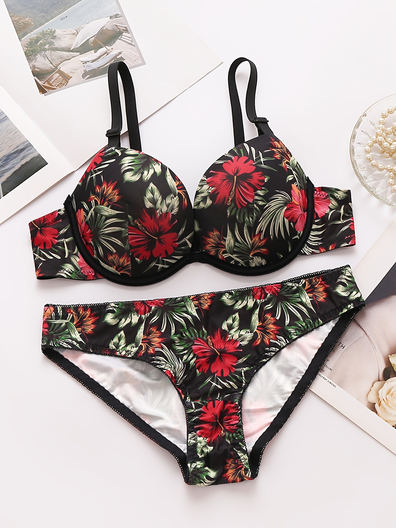 Comfortable Flower Print Matching Lingerie Set, Detachable Double Shoulder  Straps Underwire Bra & Bikini Panty, Women's Lingerie & Underwear