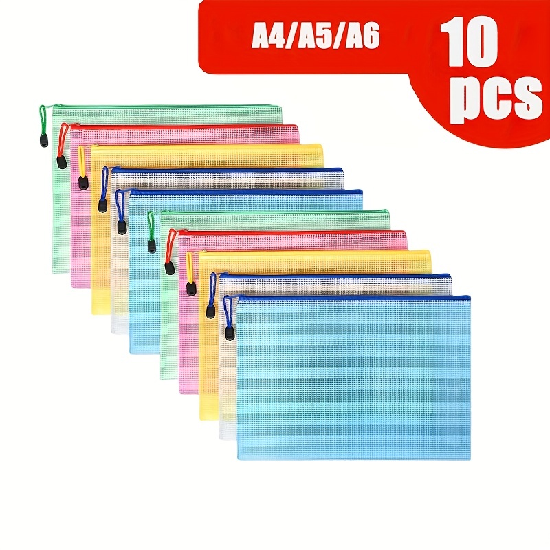 

10pcs Reusable Multicolor Mesh Waterproof A4/a5/a6 Zipper File Bags - Perfect For Documents & Plastic Zipper Envelopes