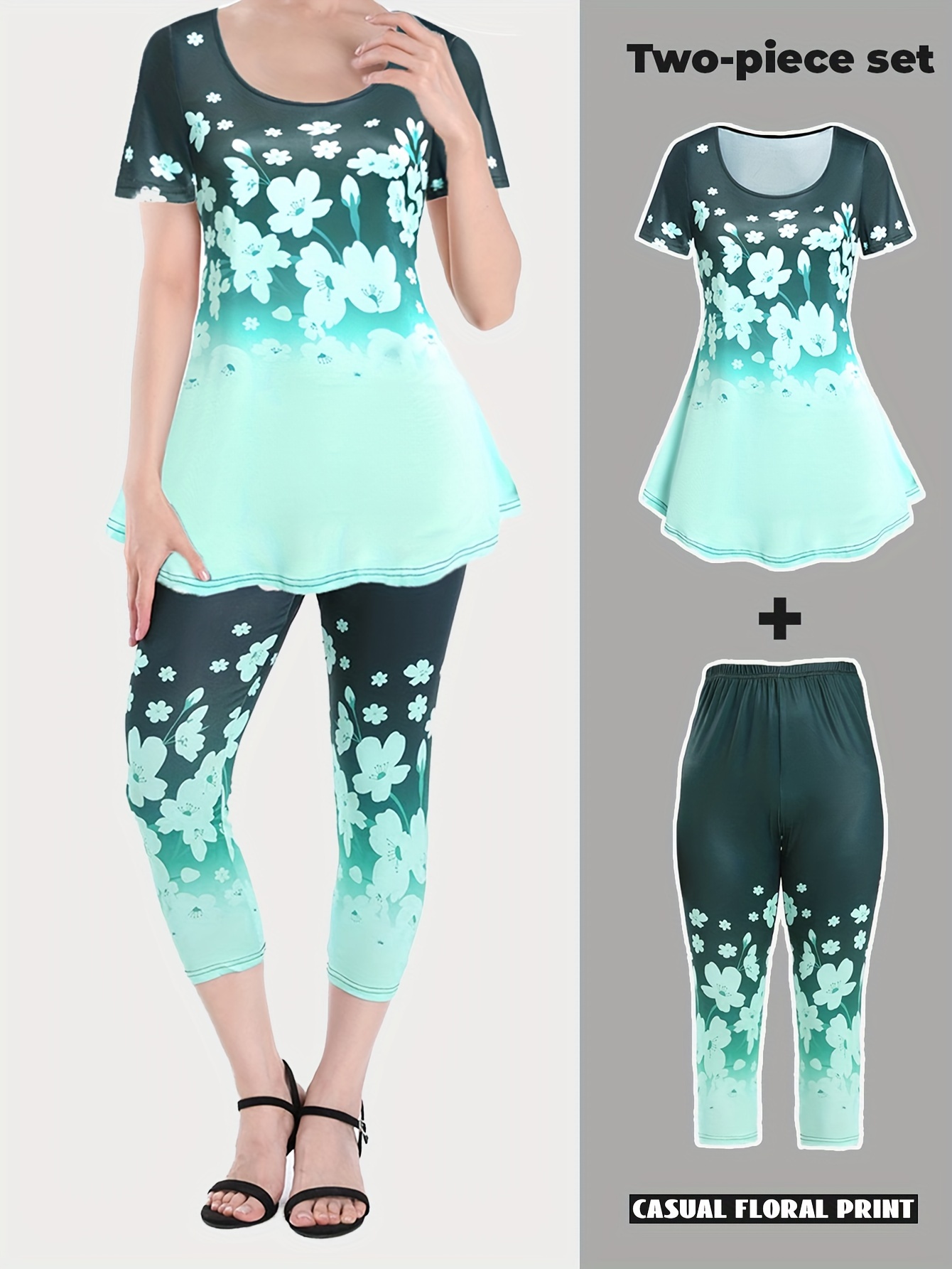 Casual Floral Print Two piece Set Short Sleeve Flared T - Temu