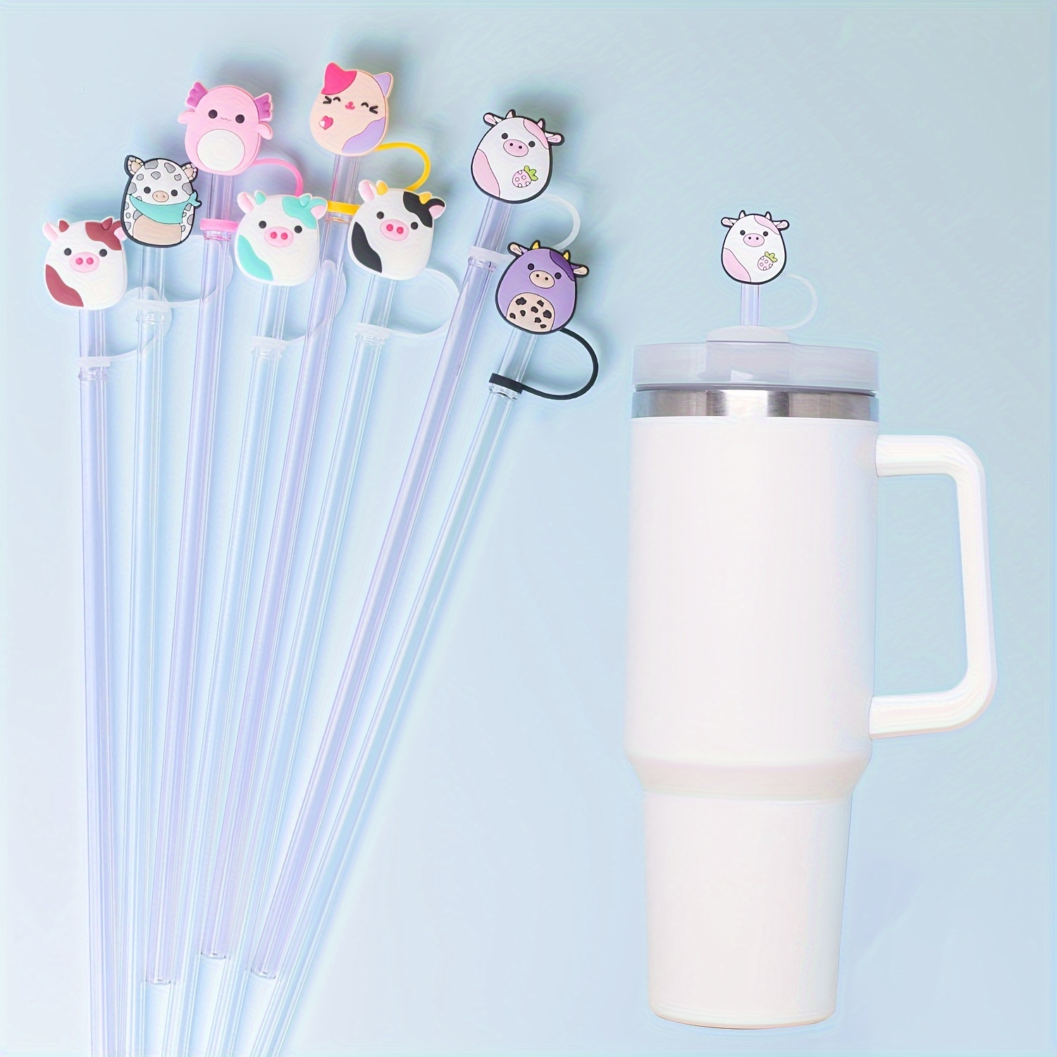7pcs Cow Straw Cover Cap for Stanley Cup 30&40 oz, 10mm Cute Silicone Straw Topper for Tumblers, Reusable Straw Tip Covers for Stanley Cups