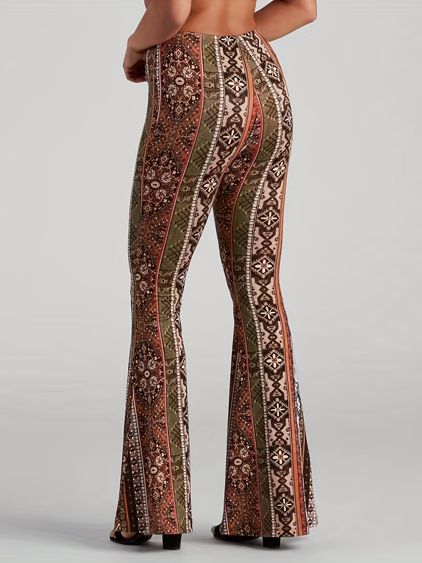 Brown stretch boho long leggings with geometric ethnic print, Gado
