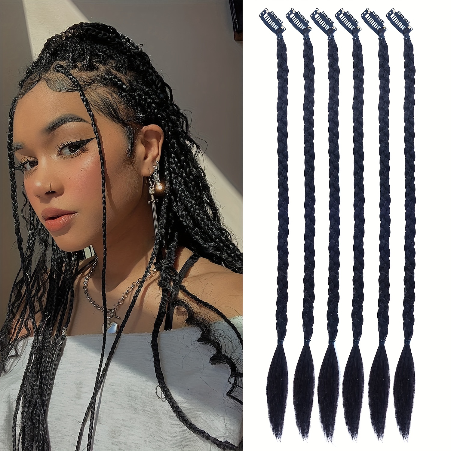 4 PCS Braid Hair Extensions, Clip in Hair Extensions Baby Braids Front Side  Bang Curtain Bang Long Braided Hair Piece Natural Soft Synthetic Hair