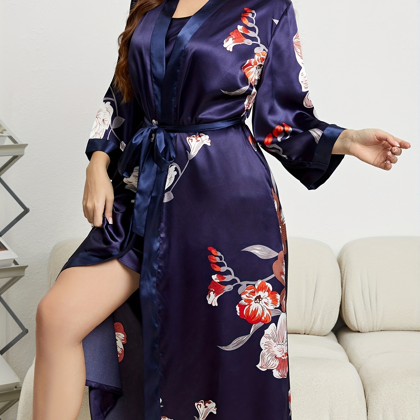 

Plus Size Floral Print Long Sleeve Robe With Belt, Women's Plus V Neck Nightgown, Loungewear