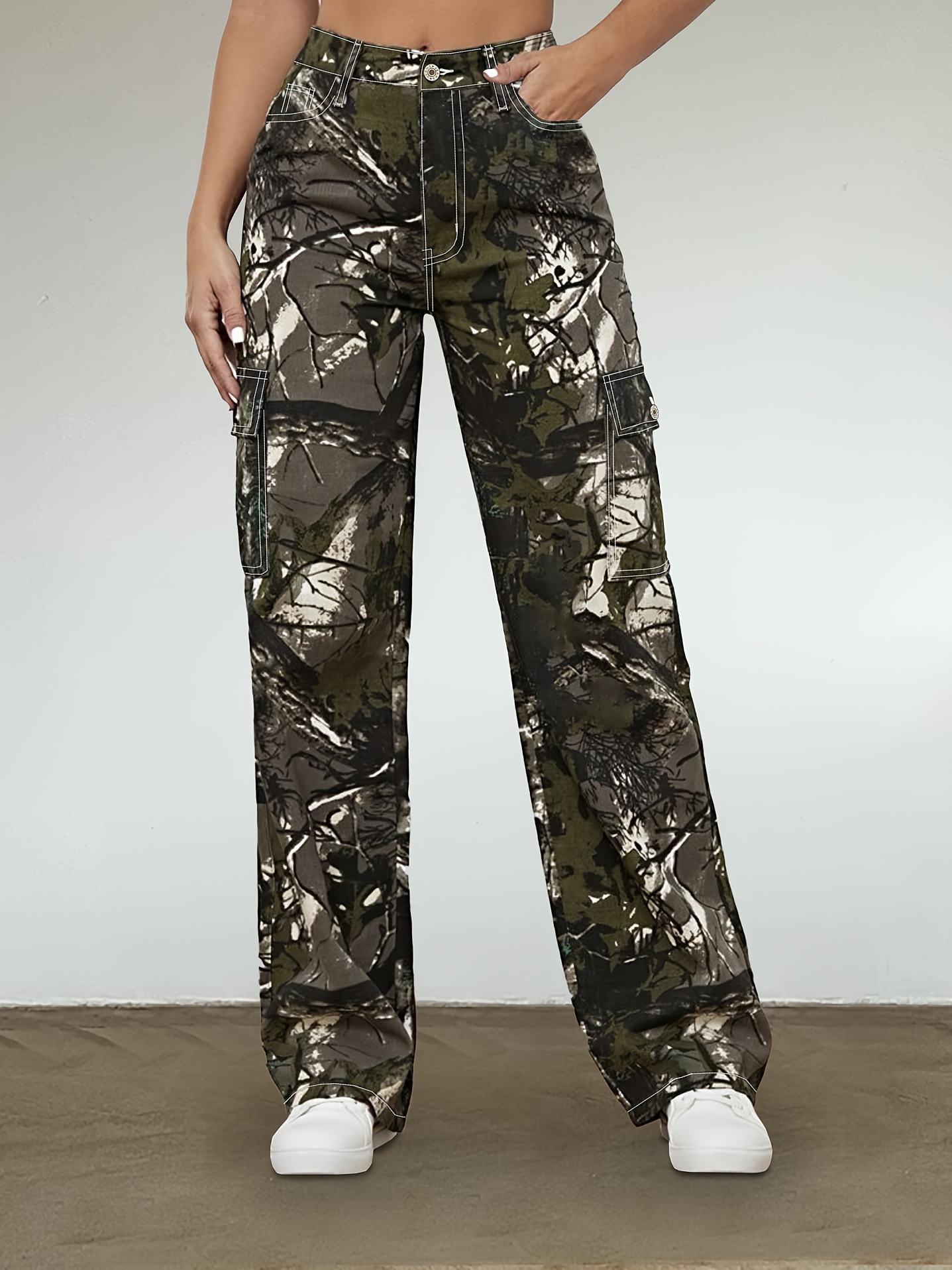 Brown Side Flap Pocket High Waist Cargo Jeans, Solid Color Multi-pocket  Casual Straight Denim Pants, Women's Denim Jeans & Clothing