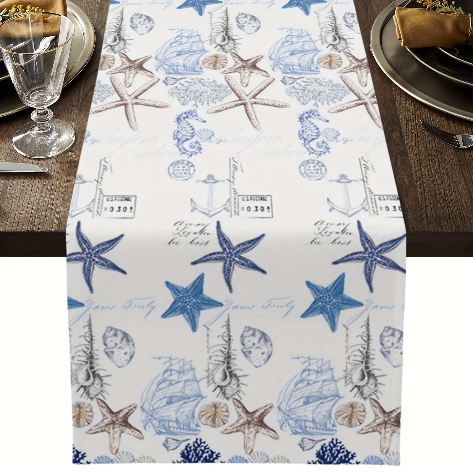 

1pc, Table Runner, Beach Coastal Nautical Table Runner, Dresser Scarves, Undersea Hippocampus Boat Blue Starfish Seahorse Anchor Shell Coral Table Decor, For Home Decor, Party Decor