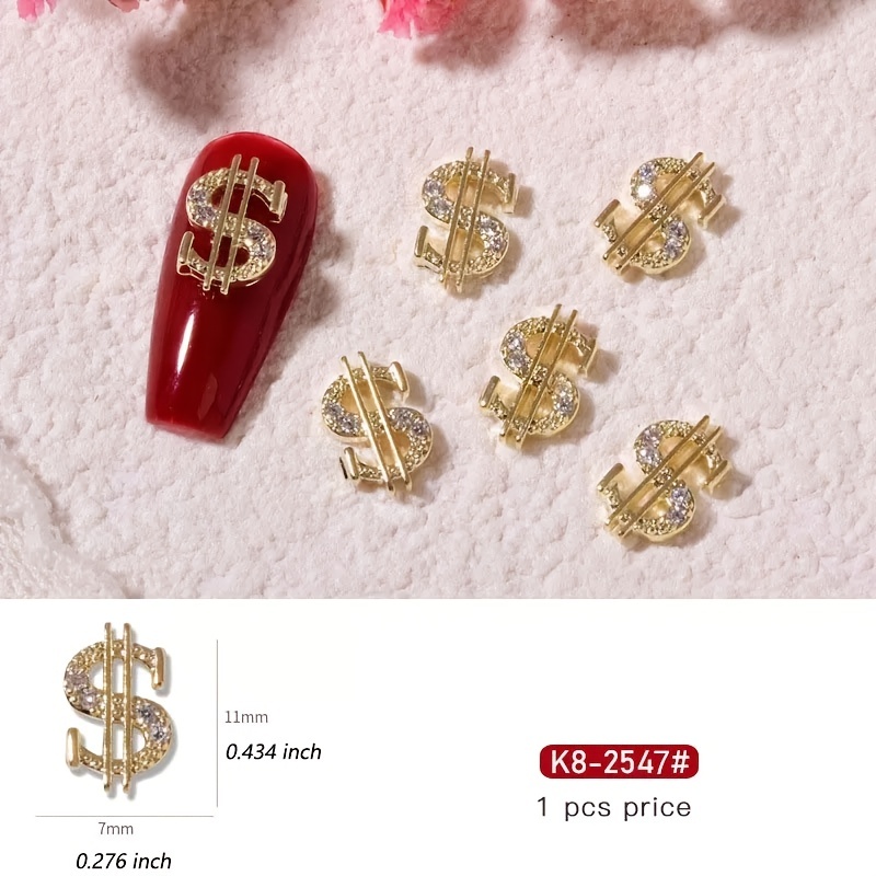 10Pcs Dollar Sign 3D Nail Charms Gold Silver Money Crystal Zircon