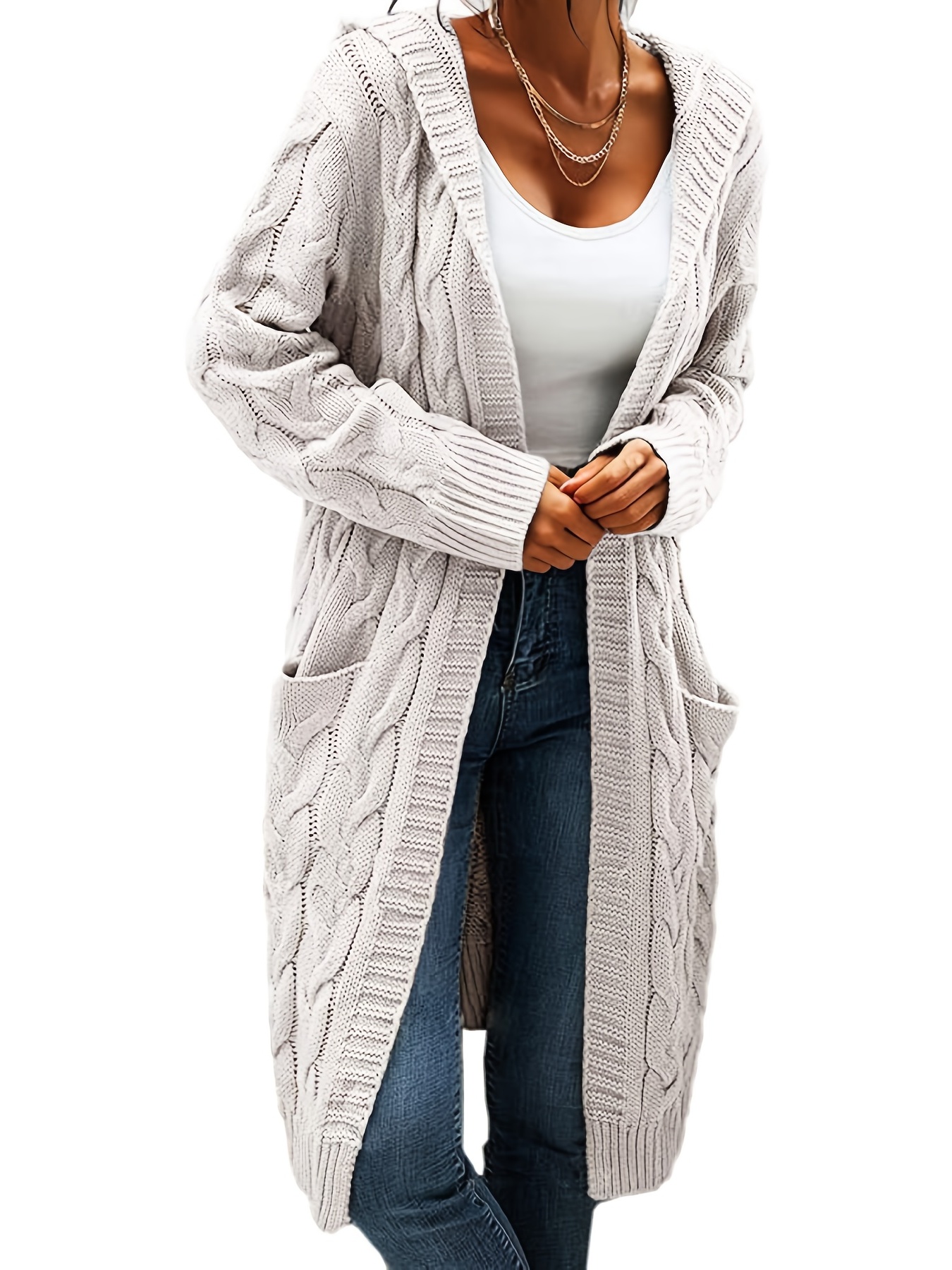 Long Sweaters for Women Cardigan Open Front Long Sleeve Plus Size Chunky  Cable Knit Duster Cardigans with Pockets Winter Coat