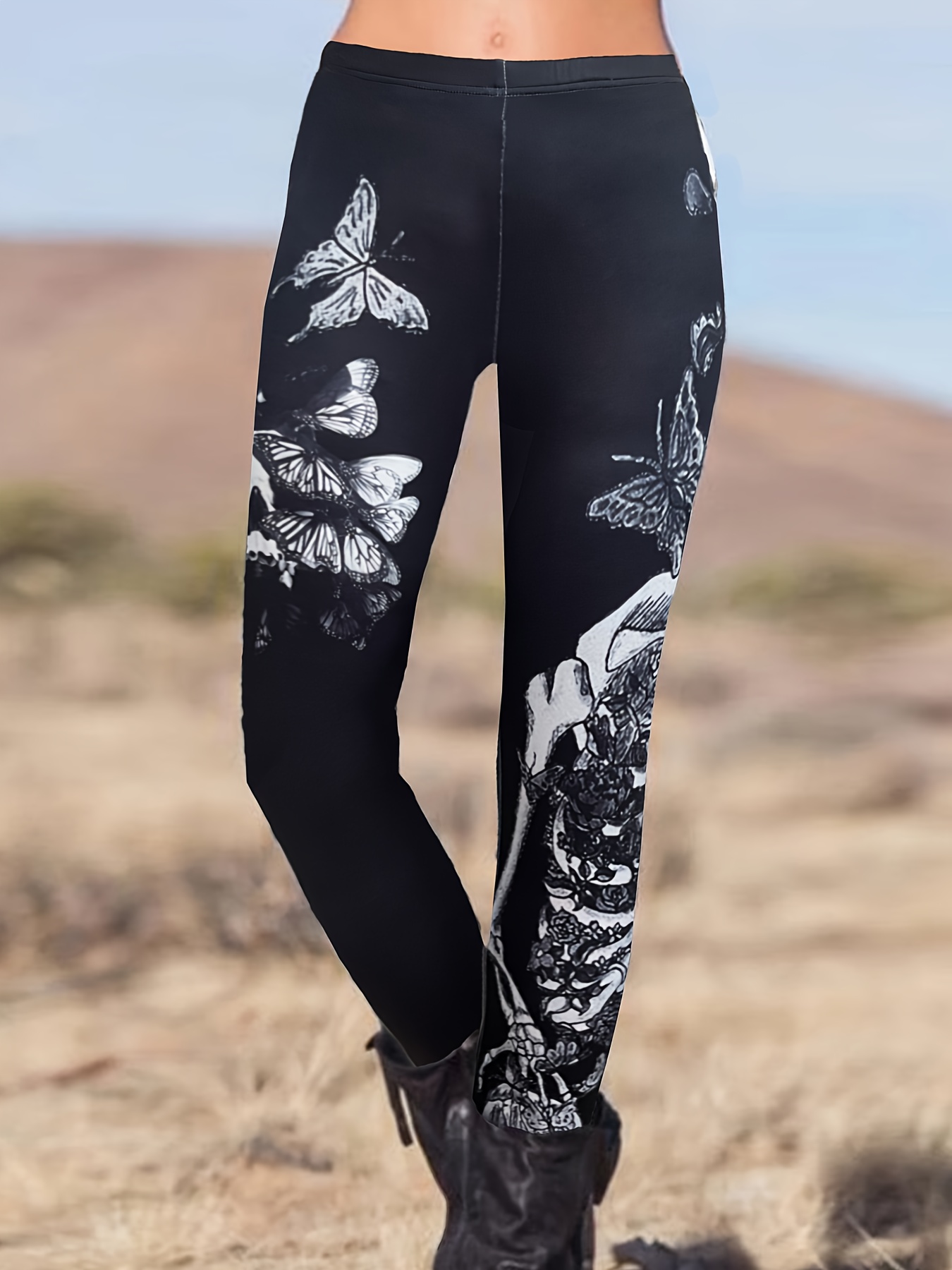 Skull & Butterfly Print Skinny Leggings, Casual Elastic Waist Stretchy  Leggings, Women's Clothing