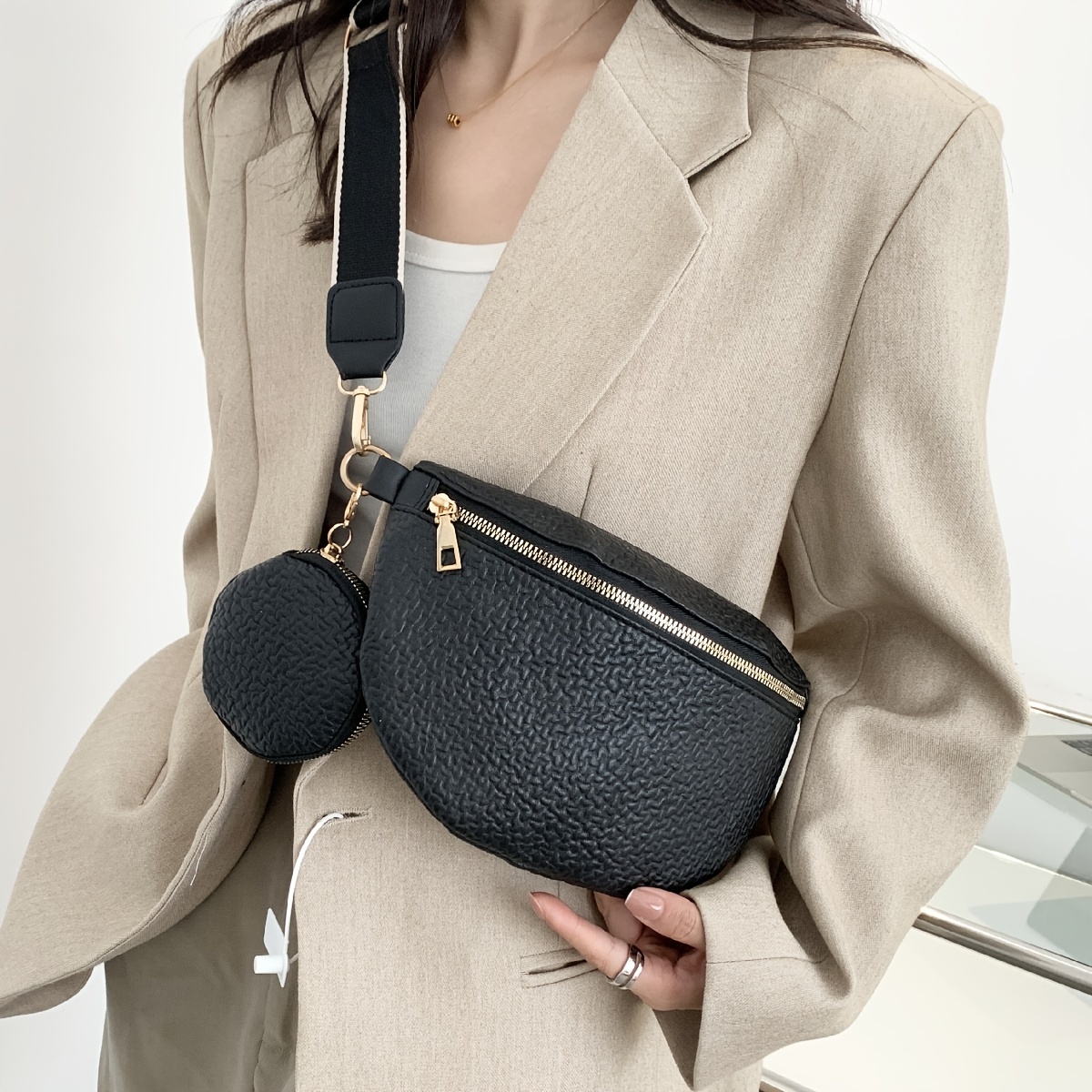 Geometric Graphic Sling Bag, Fashion Shoulder Chest Bag, Wide Strap Multi Zipper Crossbody Purse,Temu