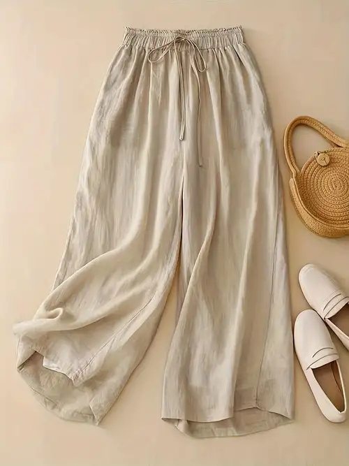 Wide Leg Pants for Women Solid Color Cotton Linen Palazzo Trousers Ruffle  Elastric Waist Drawstring Capri Pant
